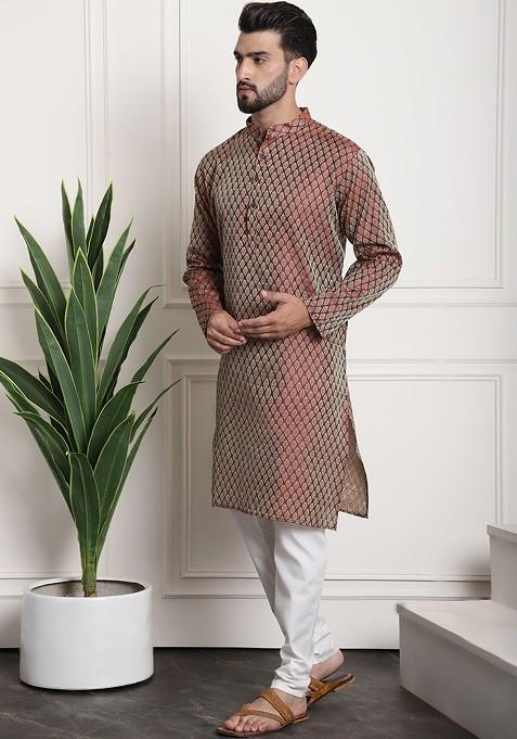 Maroon Ethnic Motifs Poly Blend Kurta Set For Men