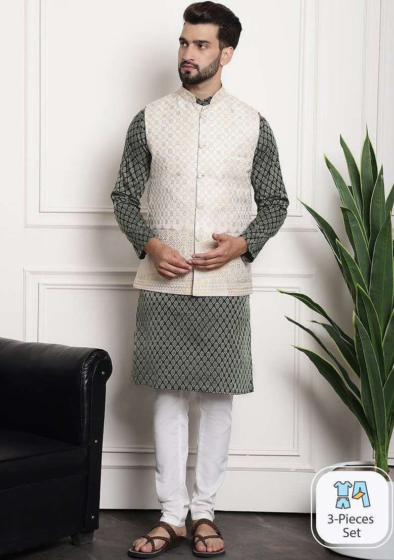 Green Ethnic Motifs Poly Blend Kurta Set For Men - Indya