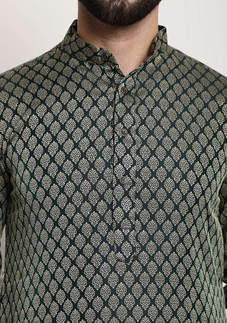 Green Ethnic Motifs Poly Blend Kurta Set For Men - Indya