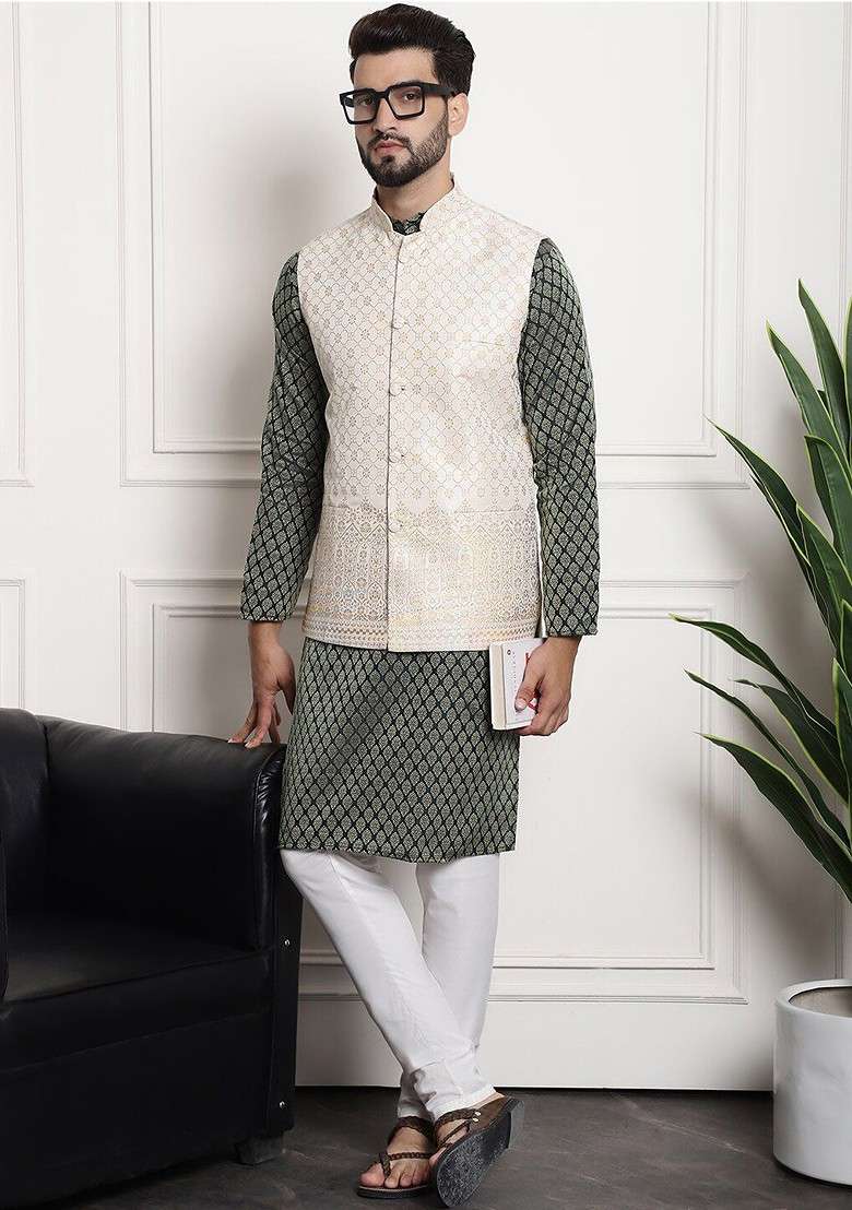 Green Ethnic Motifs Poly Blend Kurta Set For Men - Indya