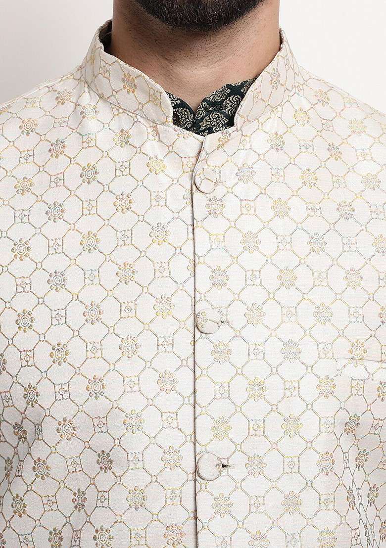 Green Ethnic Motifs Poly Blend Kurta Set For Men - Indya