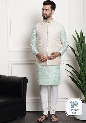 Sea Green Embroidered Cotton Kurta Set For Men