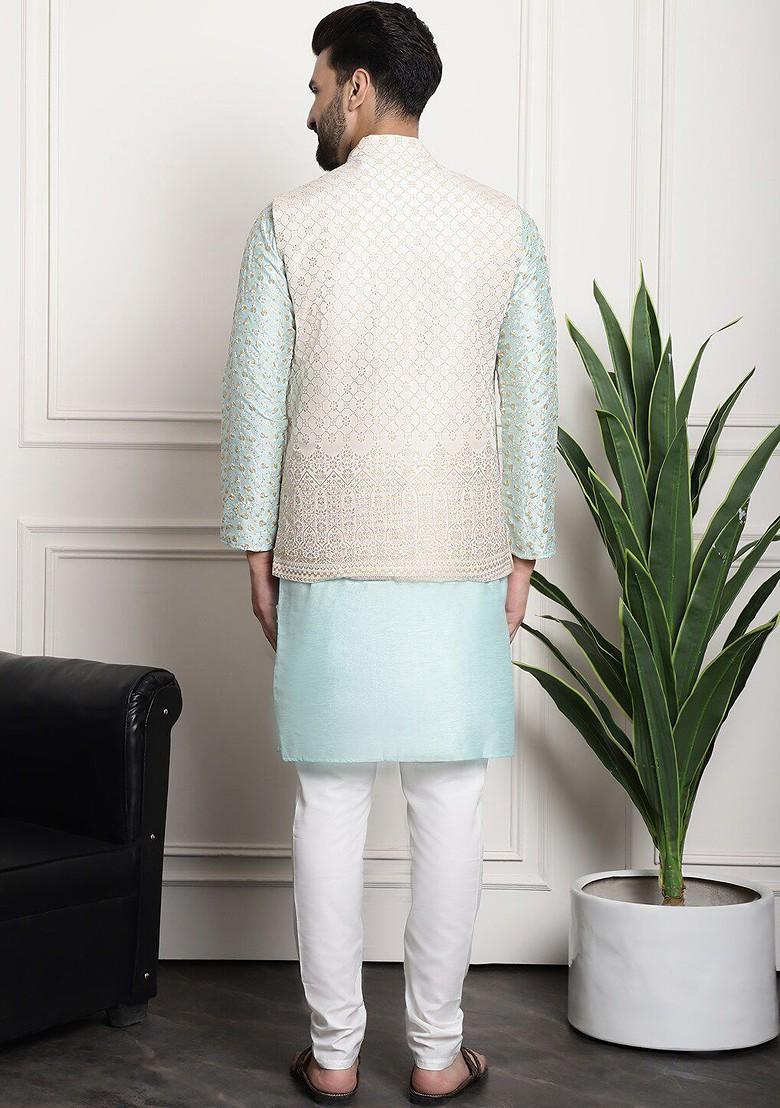 Sea Green Embroidered Cotton Kurta Set For Men