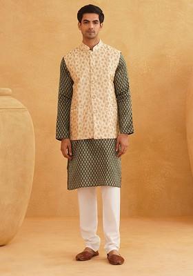 Green Woven Poly Blend Kurta Set For Men