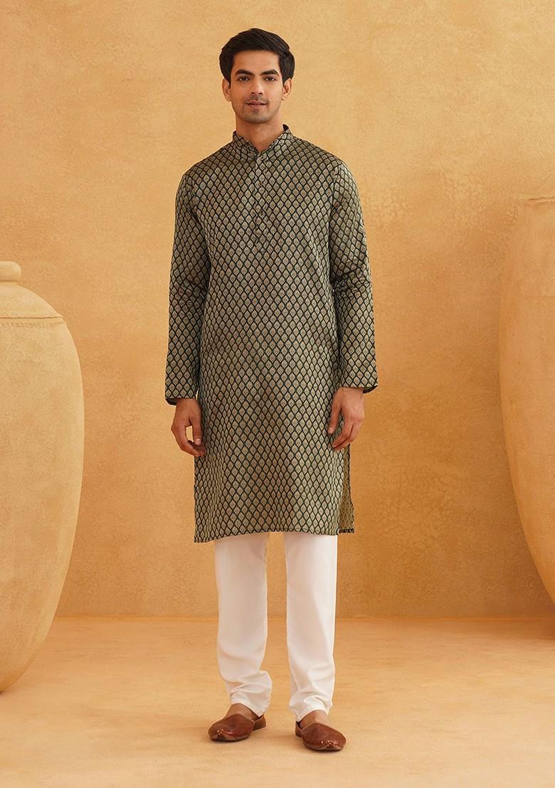 Green Woven Poly Blend Kurta Set For Men
