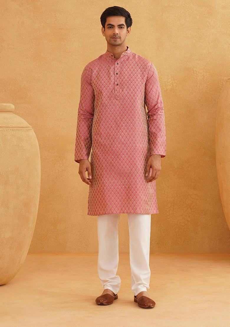 Pink Woven Poly Blend Kurta Set For Men