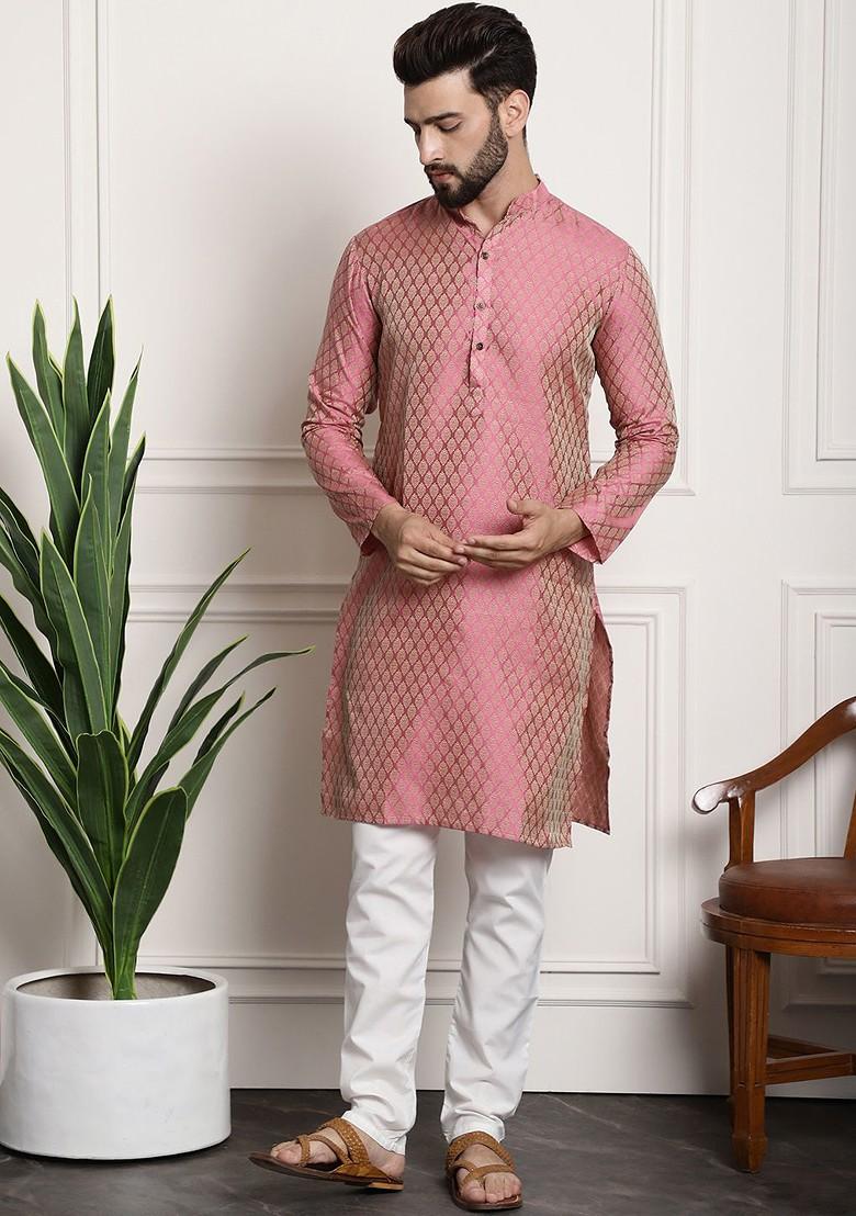 Pink Woven Poly Blend Kurta Set For Men