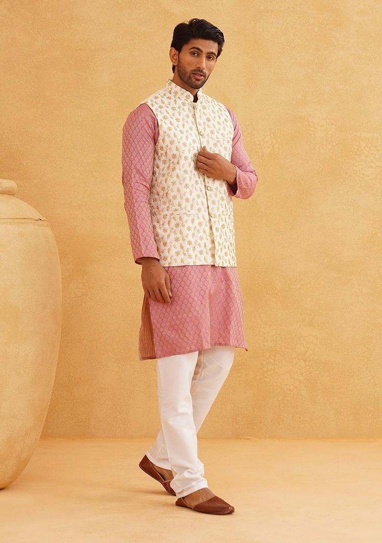 Pink Woven Poly Blend Kurta Set For Men