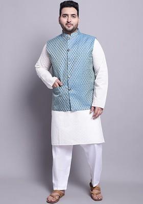 Cream Embroidered Cotton Kurta Set For Men
