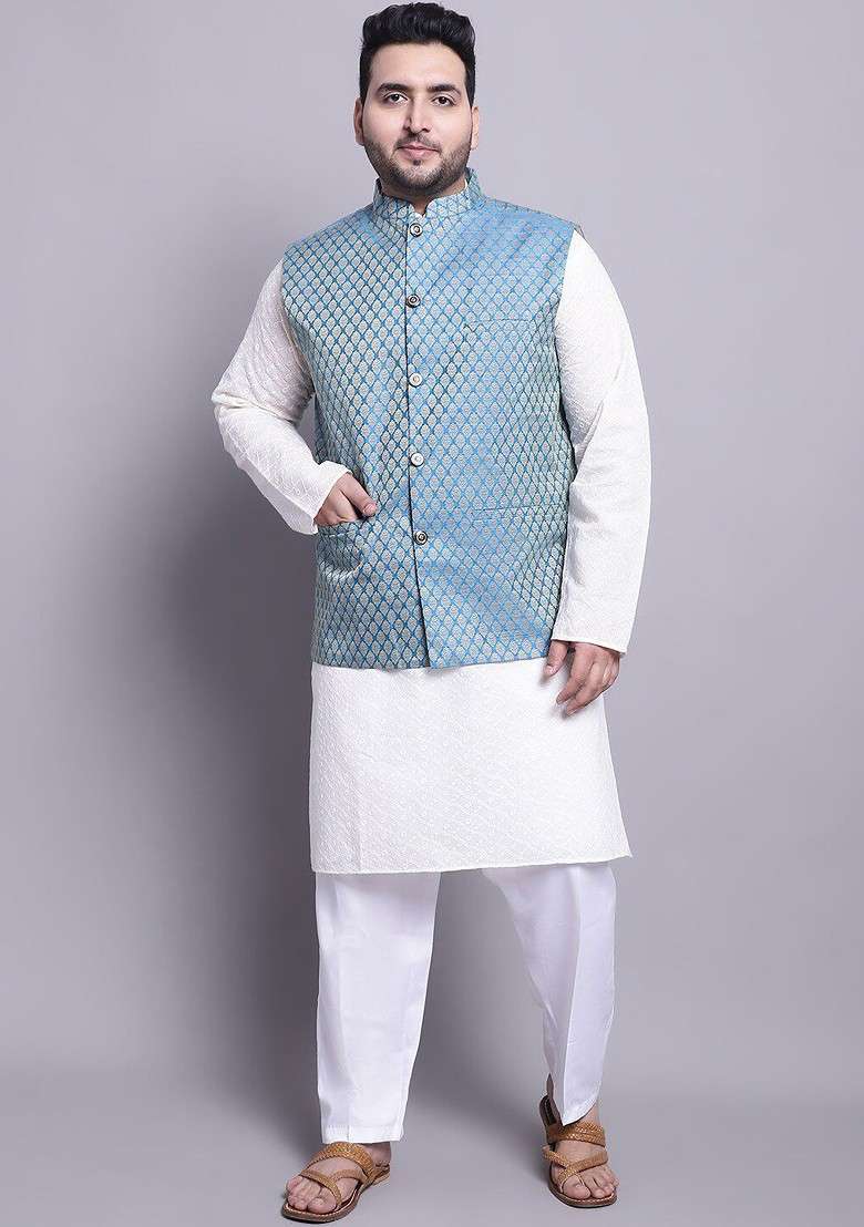 Cream Embroidered Cotton Kurta Set For Men - Indya
