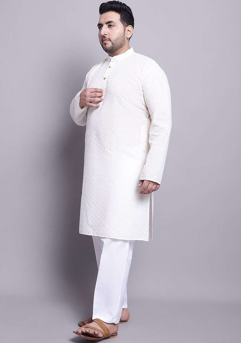 Cream Embroidered Cotton Kurta Set For Men - Indya