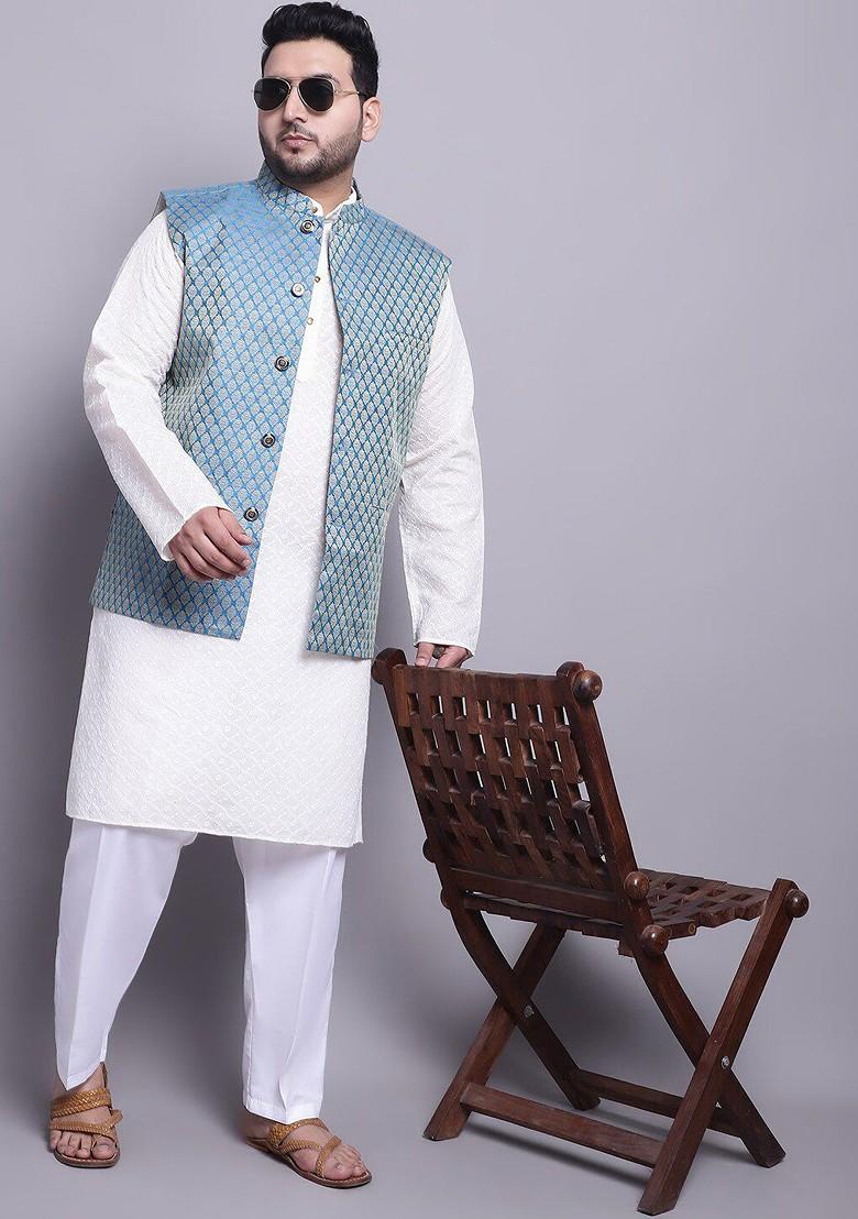 Cream Embroidered Cotton Kurta Set For Men