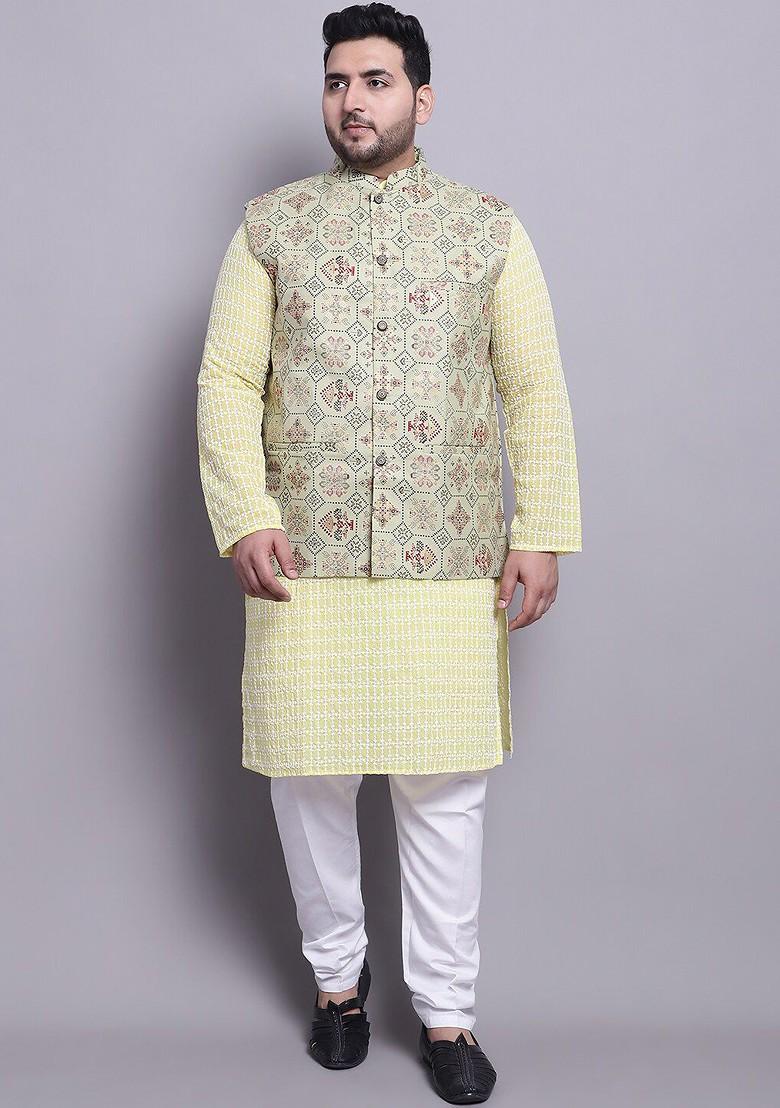 Yellow Printed Cotton Kurta Set For Men