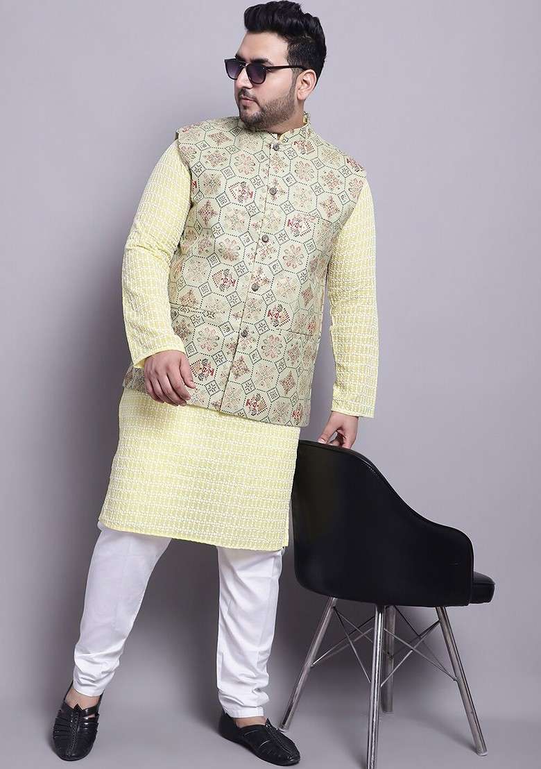 Yellow Printed Cotton Kurta Set For Men - Indya