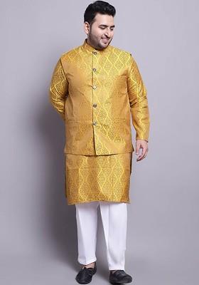 Mustard Ethnic Motifs Poly Blend Kurta Set For Men