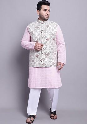 Pink Embroidered Cotton Kurta Set For Men