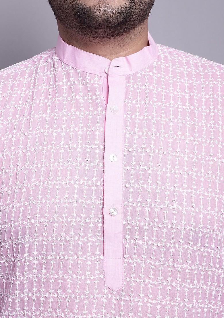 Pink Embroidered Cotton Kurta Set For Men