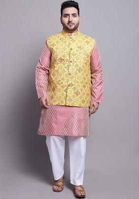 Pink Solid Poly Blend Kurta Set For Men