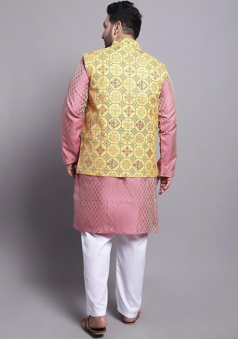 Pink Solid Poly Blend Kurta Set For Men