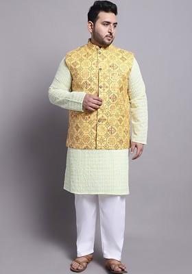 Yellow Embroidered Cotton Kurta Set For Men
