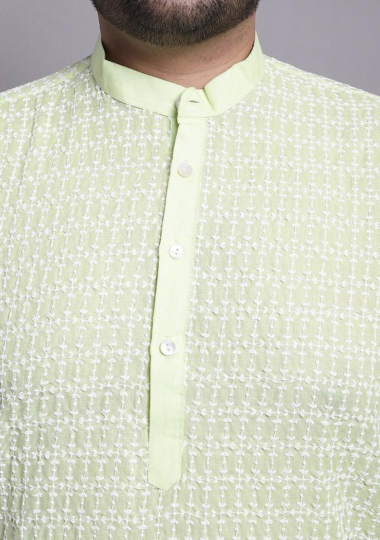 Yellow Embroidered Cotton Kurta Set For Men