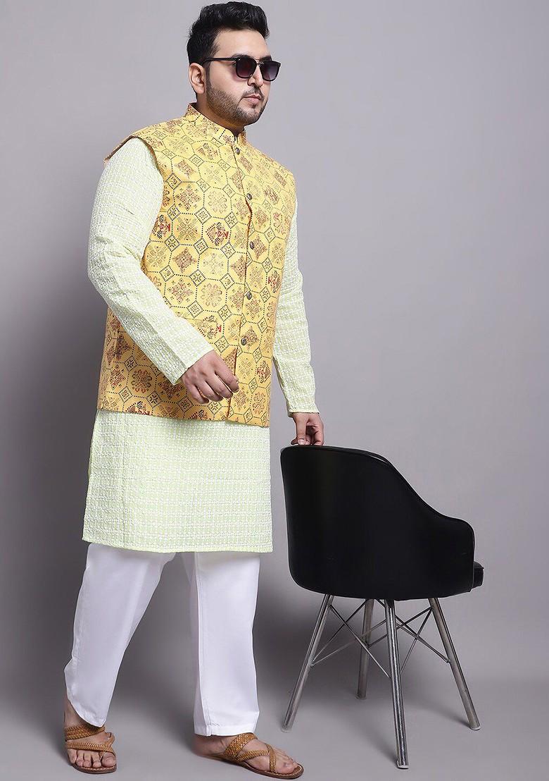 Yellow Embroidered Cotton Kurta Set For Men