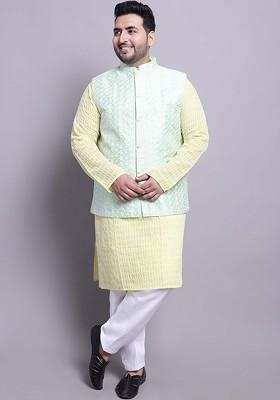 Yellow Embroidered Cotton Kurta Set For Men
