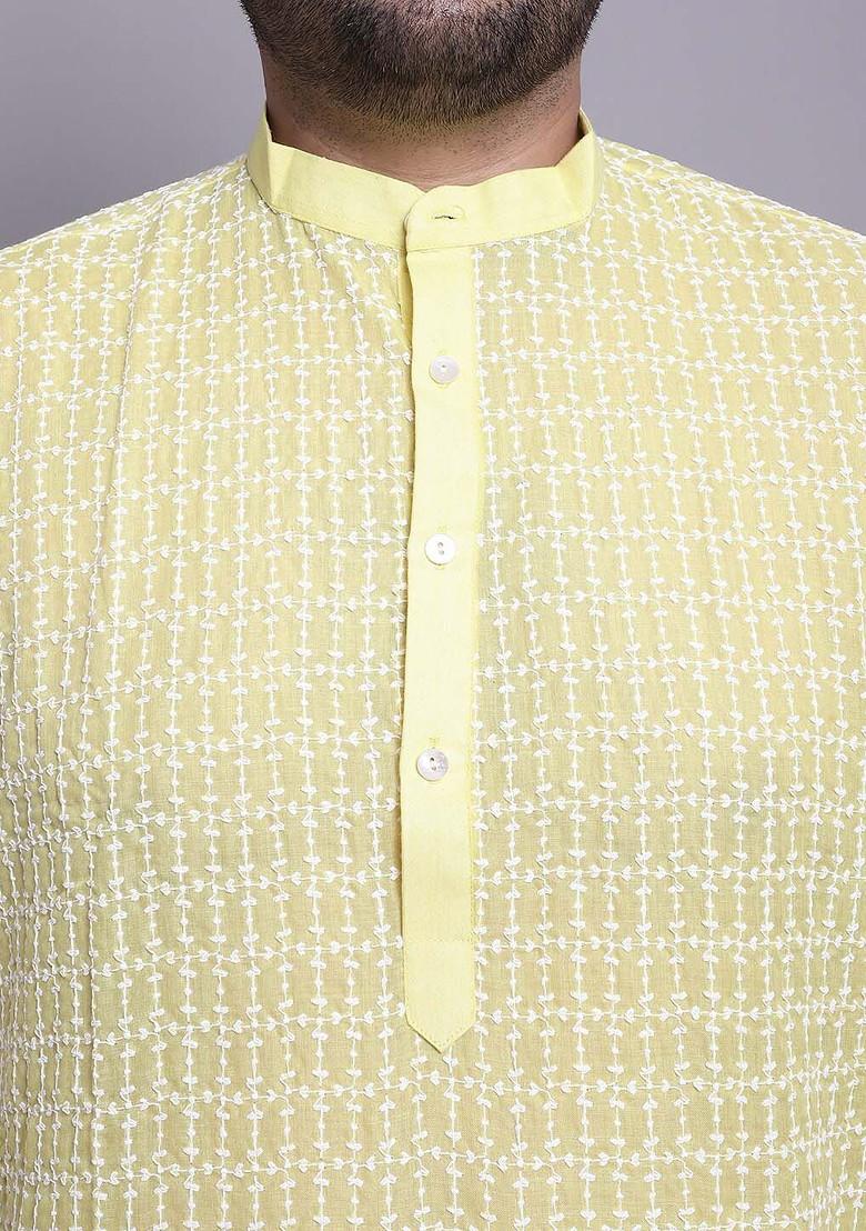 Yellow Embroidered Cotton Kurta Set For Men
