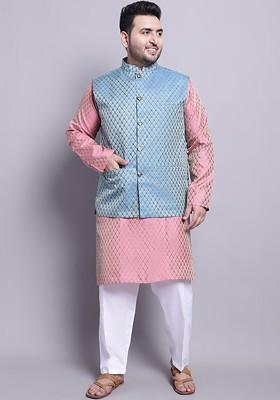 Pink Woven Poly Blend Kurta Set For Men