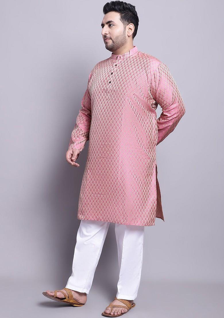 Pink Woven Poly Blend Kurta Set For Men