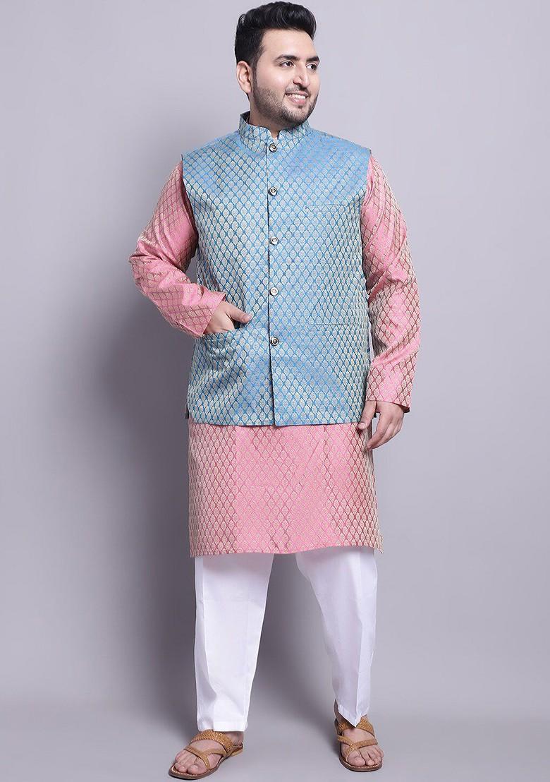 Pink Woven Poly Blend Kurta Set For Men
