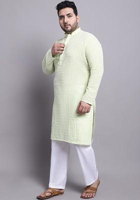 Green Embroidered Cotton Kurta Set For Men