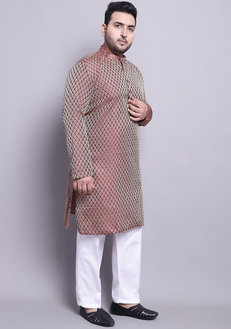 Maroon Woven Poly Blend Kurta Set For Men