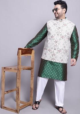 Green Woven Poly Blend Kurta Set For Men