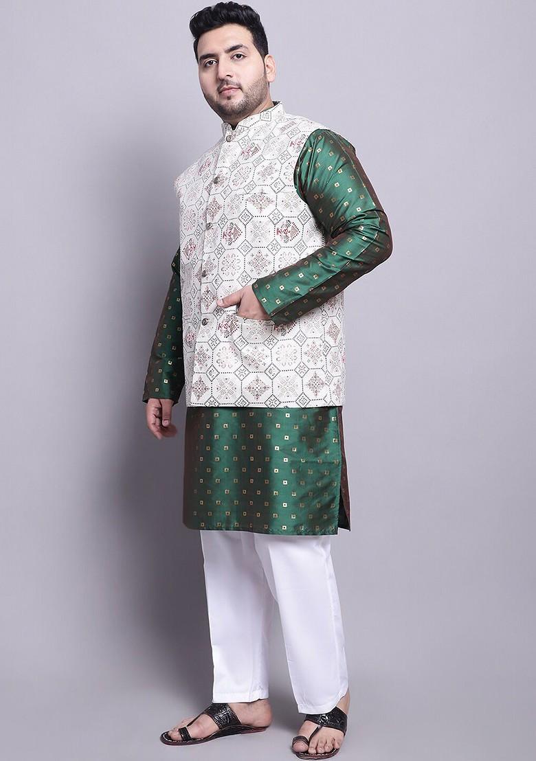 Green Woven Poly Blend Kurta Set For Men