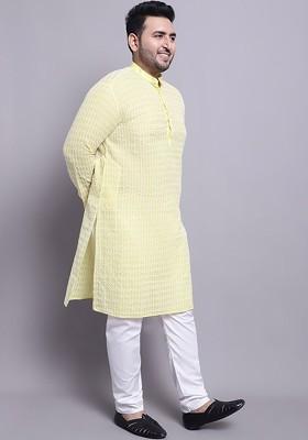Yellow Embroidered Cotton Kurta Set For Men