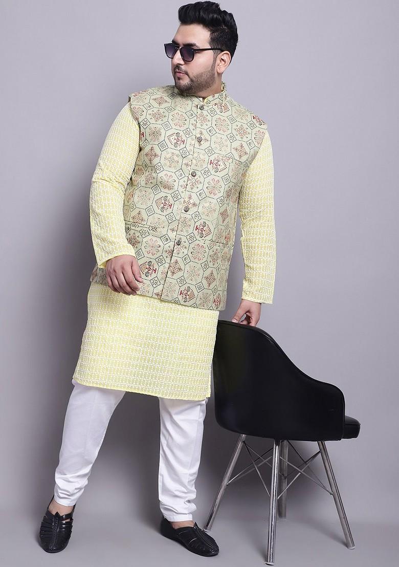 Yellow Embroidered Cotton Kurta Set For Men