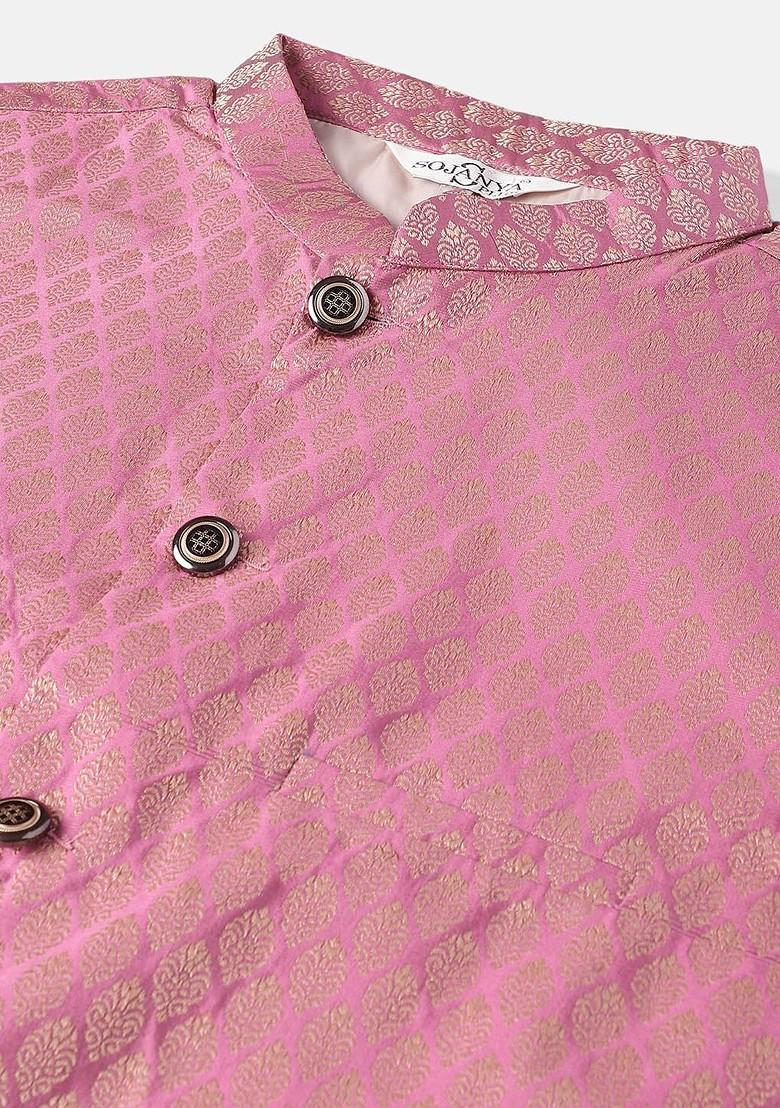 Maroon Woven Poly Blend Kurta Set For Men