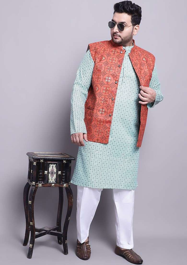 Sea Green Ethnic Motifs Poly Blend Kurta Set For Men - Indya