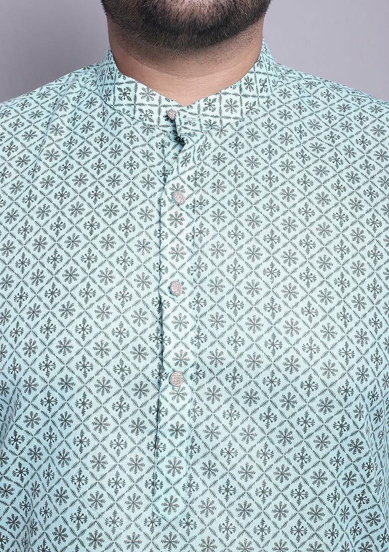 Sea Green Ethnic Motifs Poly Blend Kurta Set For Men