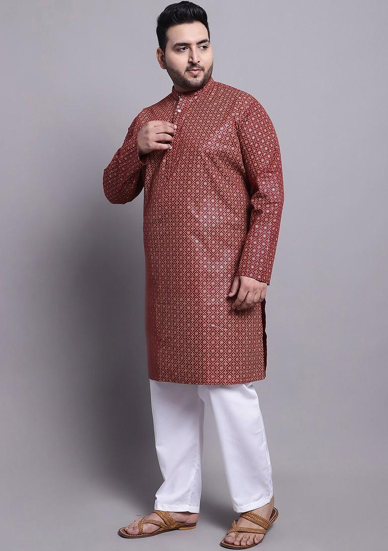 Maroon Embroidered Poly Blend Kurta Set For Men