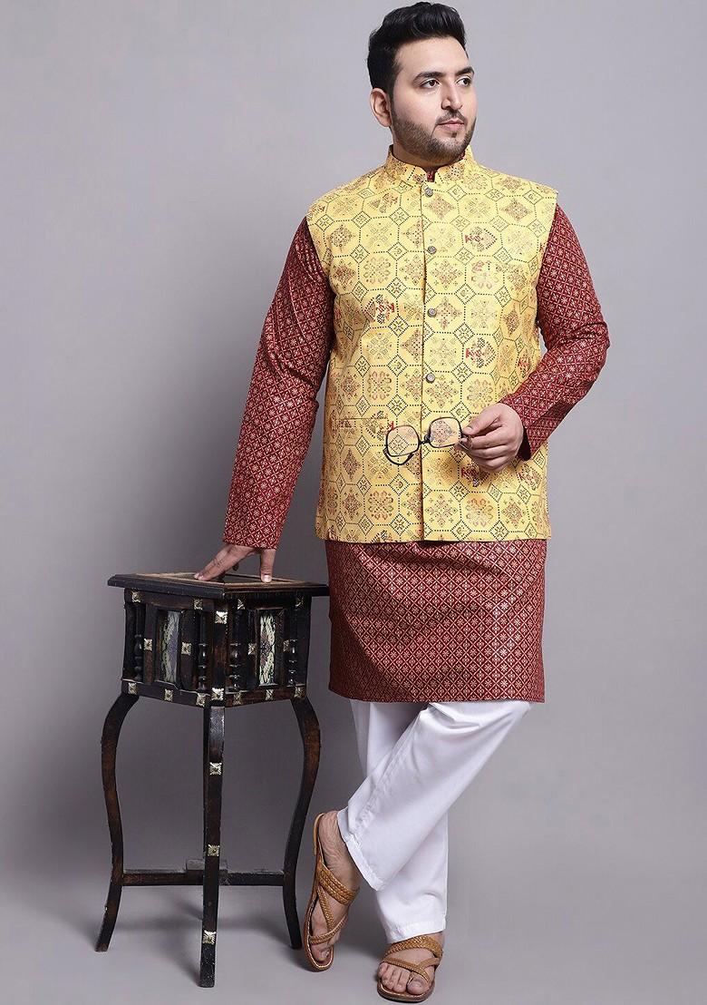 Maroon Embroidered Poly Blend Kurta Set For Men