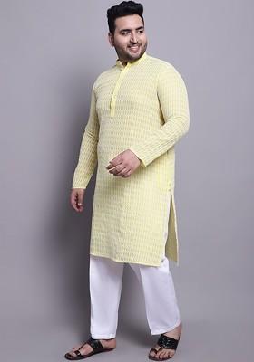 Yellow Embroidered Cotton Kurta Set For Men