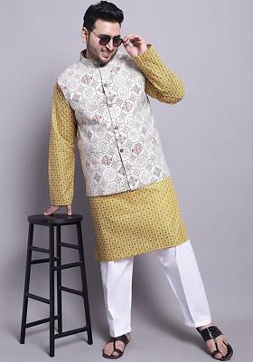 Mustard Ethnic Motifs Poly Blend Kurta Set For Men