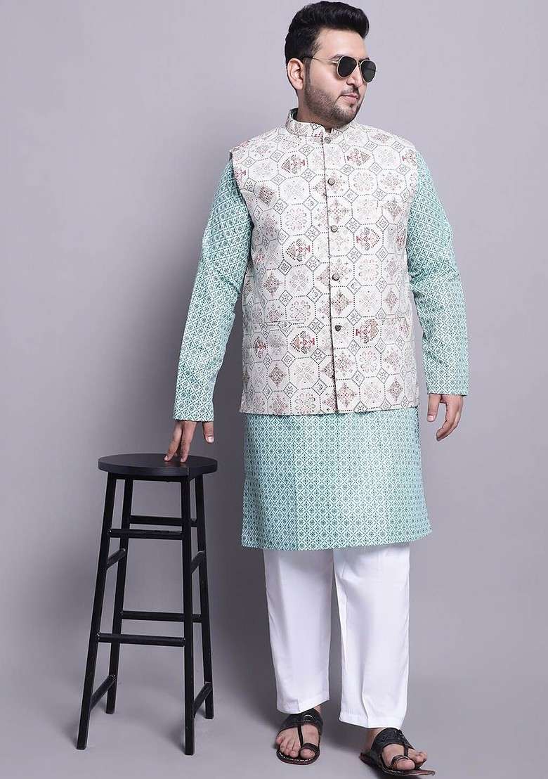 Sea Green Printed Poly Blend Kurta Set For Men - Indya