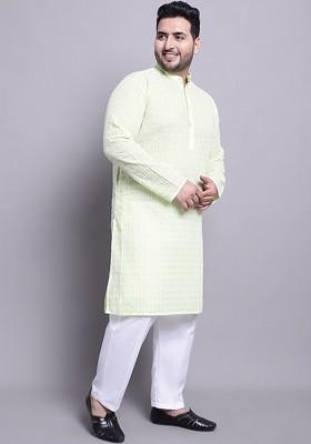 Green Embroidered Cotton Kurta Set For Men