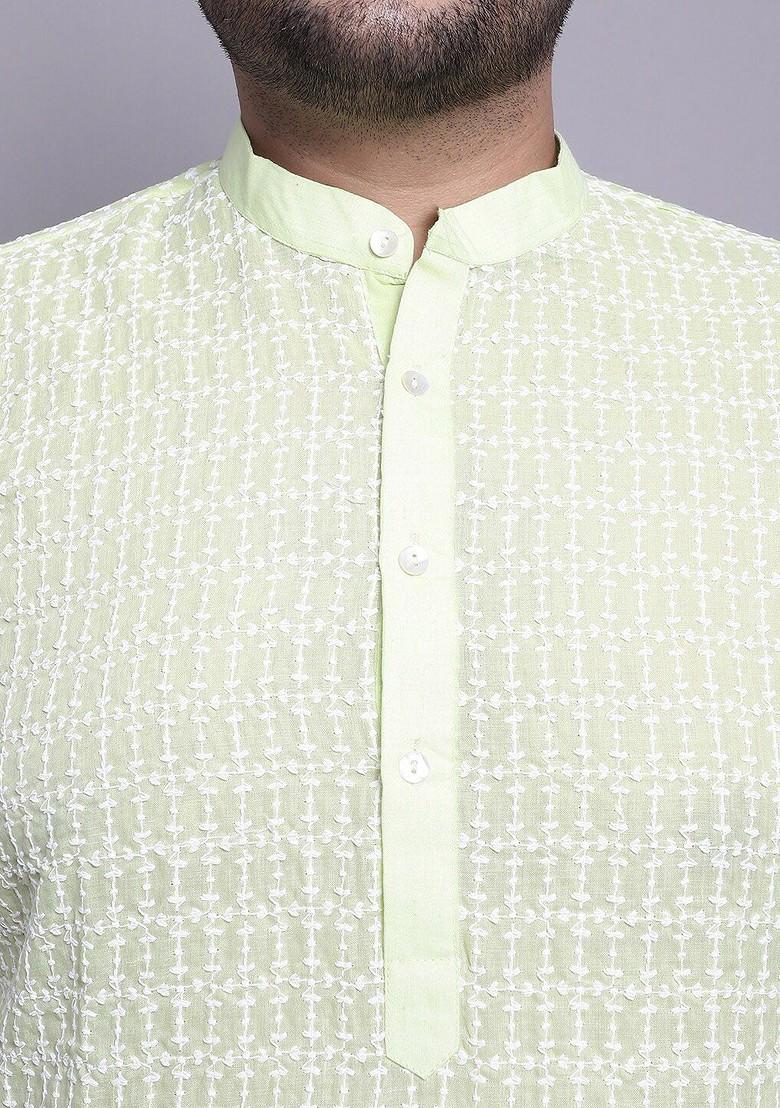 Green Embroidered Cotton Kurta Set For Men
