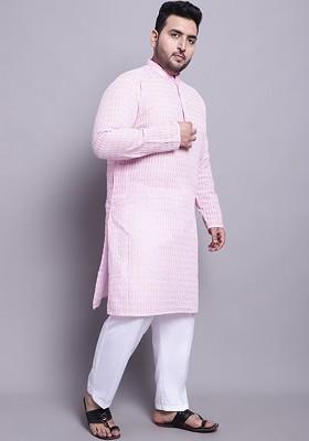 Pink Embroidered Cotton Kurta Set For Men