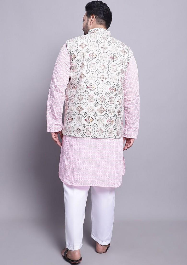 Pink Embroidered Cotton Kurta Set For Men