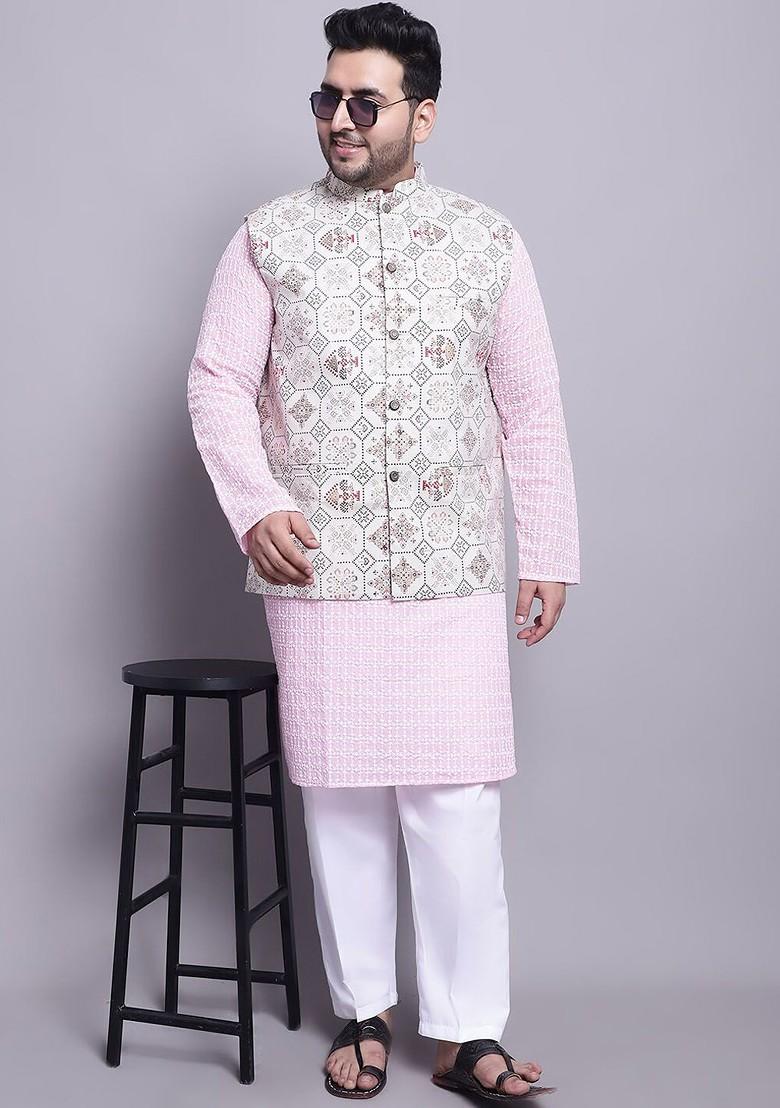 Pink Embroidered Cotton Kurta Set For Men